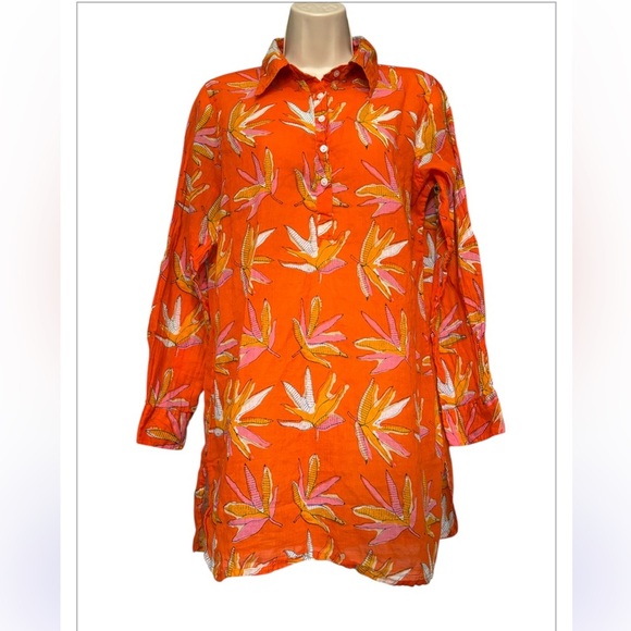 Oliphant Orange Print Cotton Tunic Roll Tab Sleeve Sz S - Picture 1 of 5